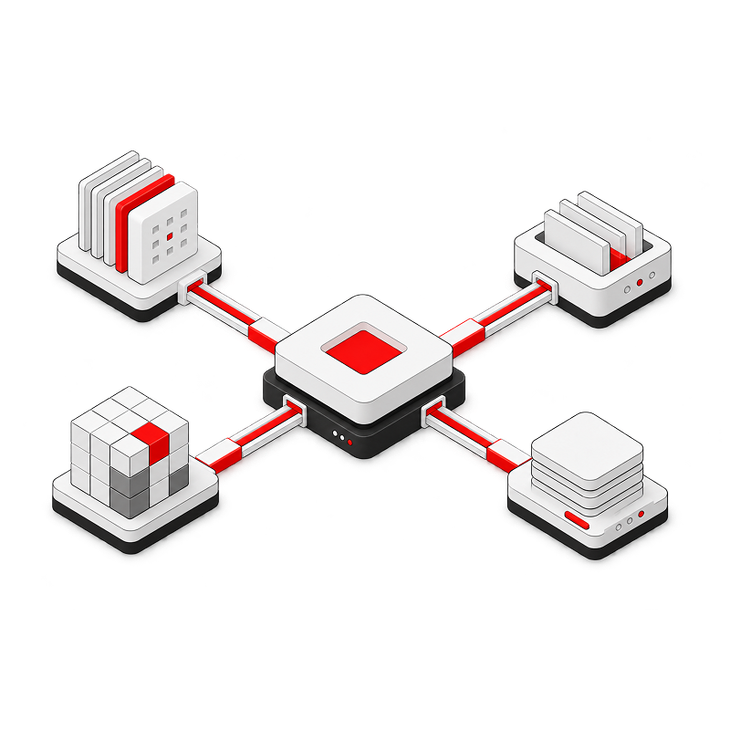 Data systems connected through a central integration engine