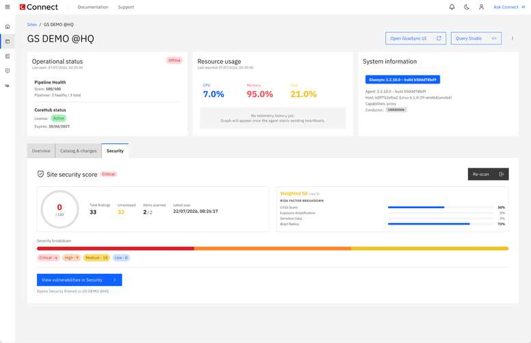 Connect dashboard showing deployment health and alerts