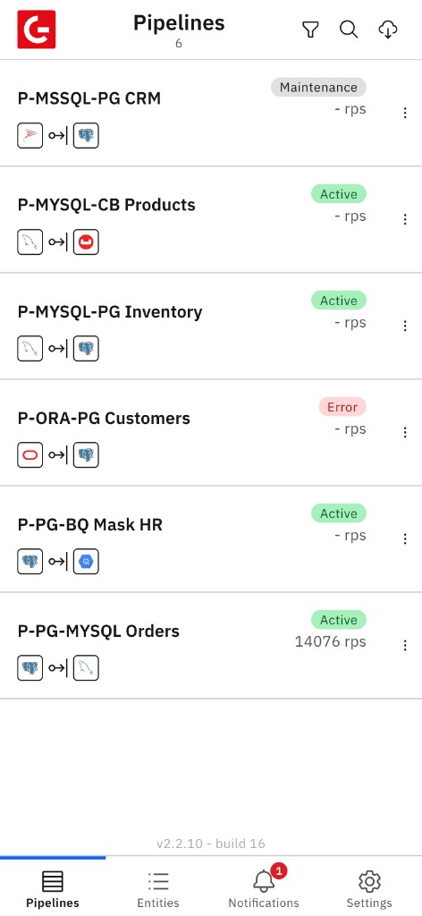 Gluesync mobile app listing pipelines with live status