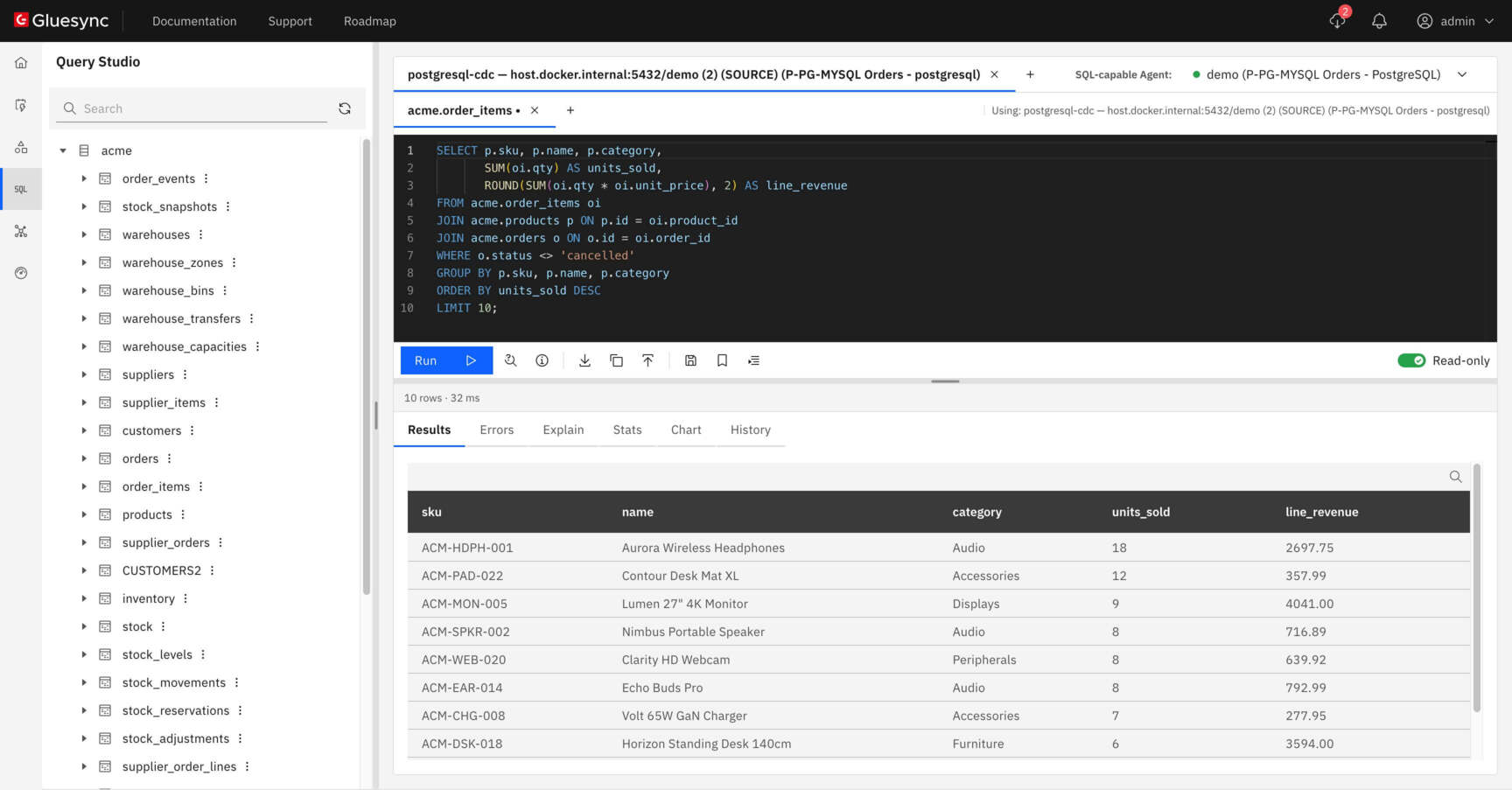 Query Studio SQL workbench in the Gluesync Control Plane